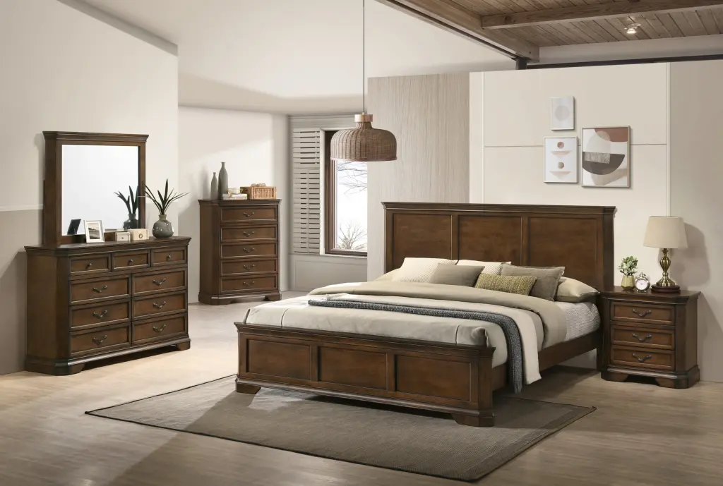 Maderne Traditional Wood Panel 5 Piece King Bed Set Mirror hz