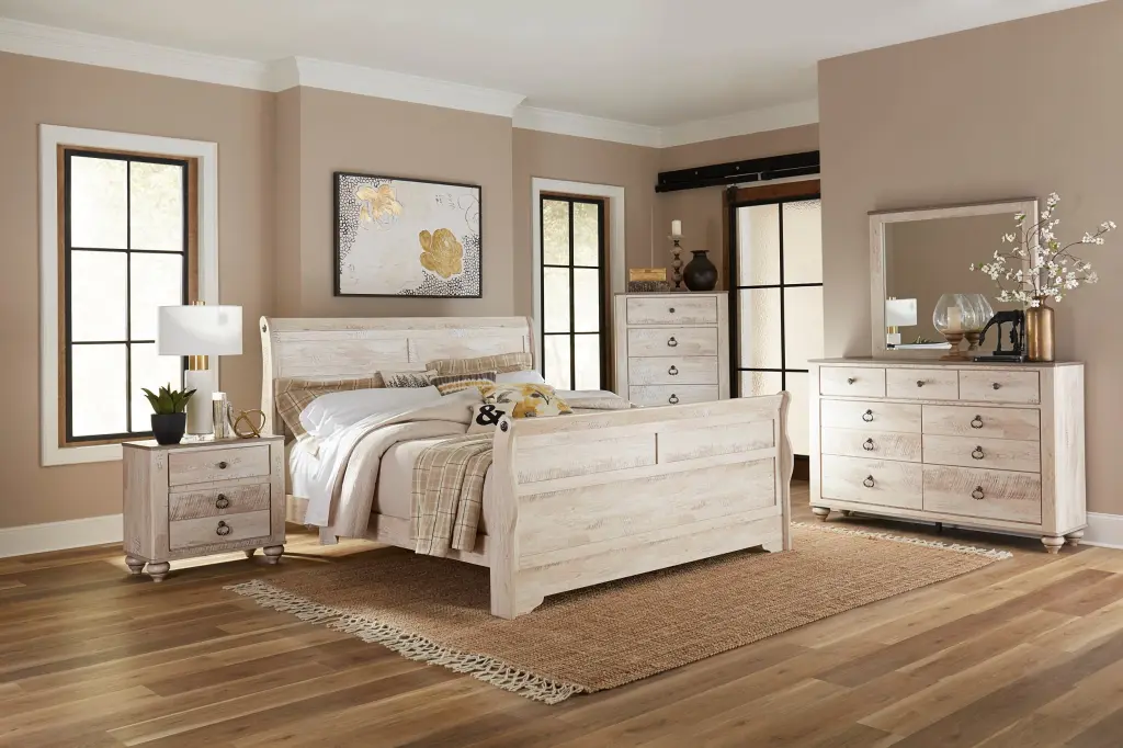 Imerland Contemporary White Wash Finish Bedroom Set King Sleigh Bed hz