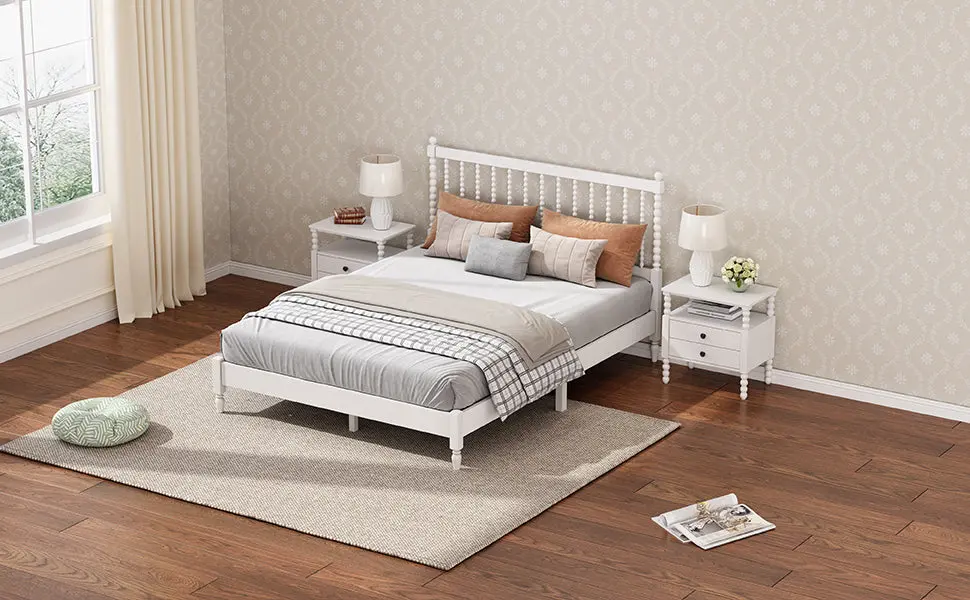 King Dimensions Wood Platform Bed Gourd Influenced Headboard Antique White bed best