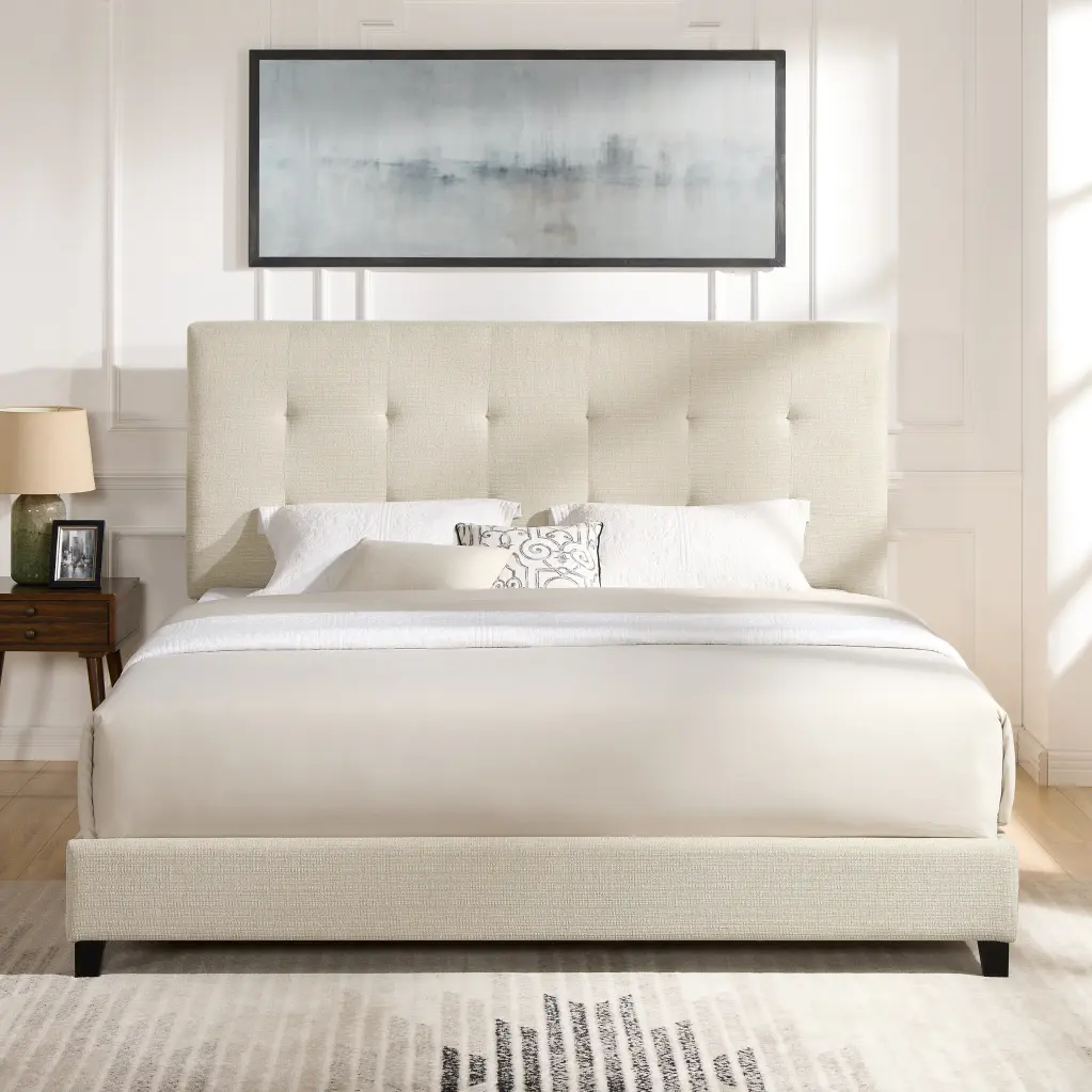 King Dimensions Beige Tufted Upholstered Platform Bed Box Spring Required bridgevine home