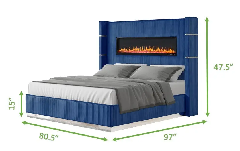 Lizelle Upholstery Wooden King Bed Ambient Lighting Blue Velvet galaxy home furnishings