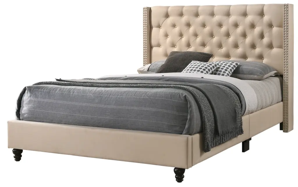 Elegant King Upholstered Transitional Bed Beige Foam Fabric Headboard glory furniture