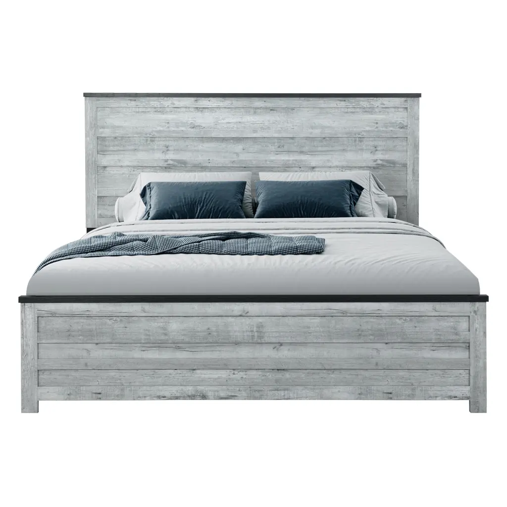 Kicks Grey Wash King Bed Gray Wash Solid Wood MDF Modern Bedroom Furniture luxe modern furniture
