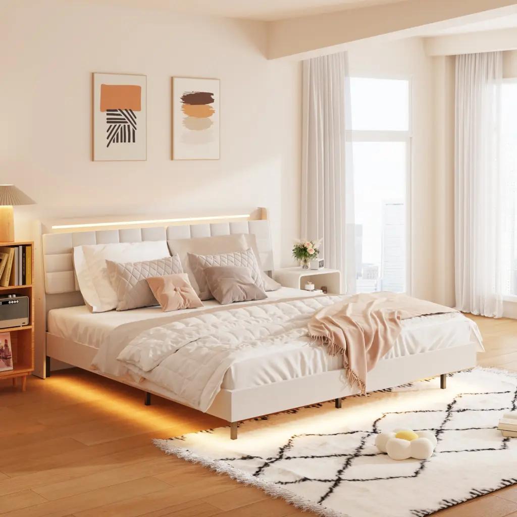 King Floating Bed Frame LED Light and Charging Station, Upholstered Modern Platform Bed jhomier furniture