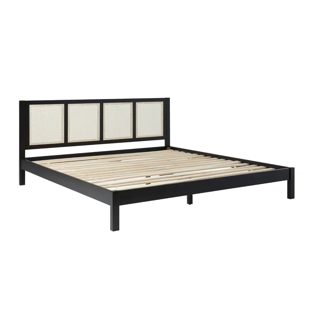 Boho Solid Timber Rattan Panel Headboard King Bedframe Black King Size Bed Frame walker edison
