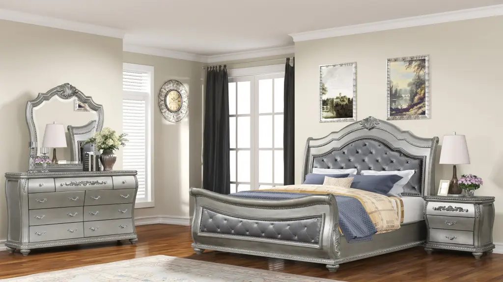 Destiny Traditional Style 4 Pc King Bedroom Set Upholstered Crystal Headboard galaxy home furnishings