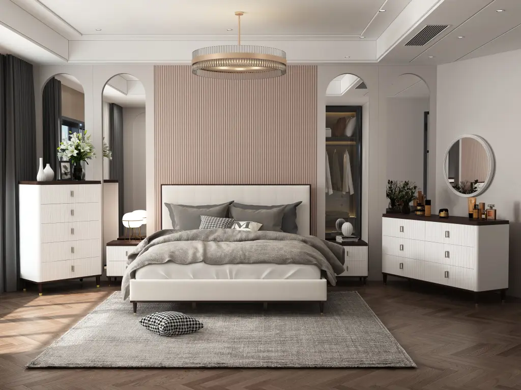 Carena Eastern King Bed Light Gray Material White Brown Finish Bd020 acme onsite store