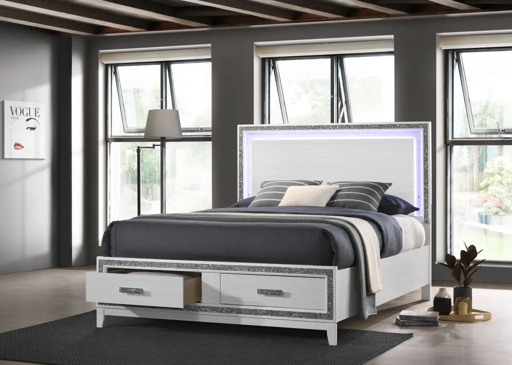 Haiden Eastern King Bed Storage Led White Finish Bd01742Ek White acme onsite store