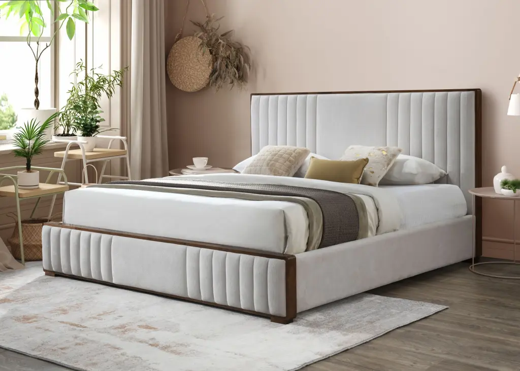 Kaleea Eastern King Bed Light Gray Chenille Walnut Finish Bed Frame acme onsite store