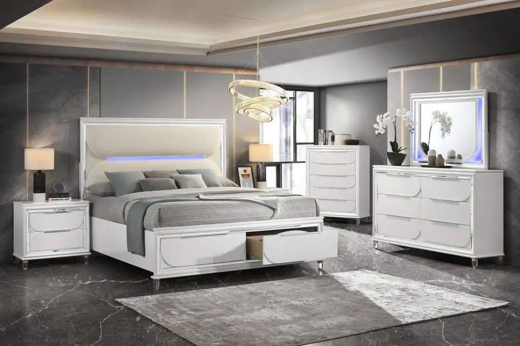 Tarian Eastern King Bed W Storage & Led White Boucle & Pearl White Finish Modern acme onsite store