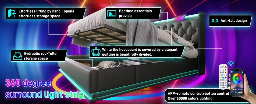 King Size Upholstered Bed 360 Surround LED Function Buttons Apps Remote Control artistry at home