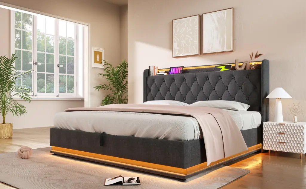 King Size Upholstered Bed 360 Surround LED Function And Buttons Apps Remote artistry at home