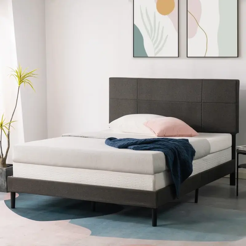 38 Inch Denna Slat King Size Gray Upholstered Bed Frame b2711