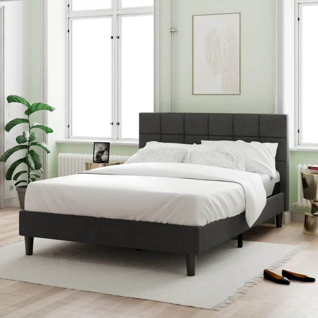 Upholstered Platform Bed Square Stitch King Grey Wood Bedroom Furniture b2711
