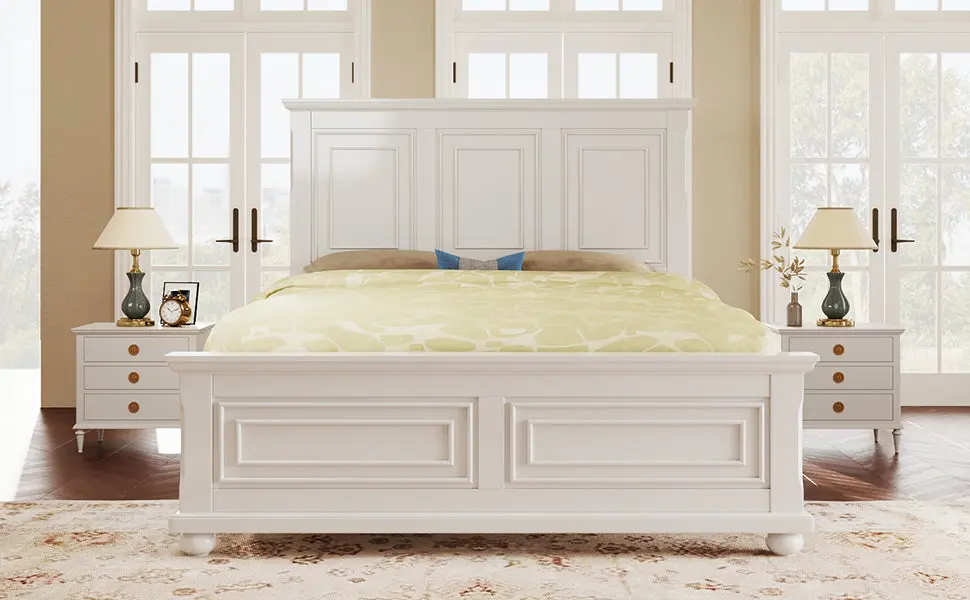 Traditional Town and Country Style Pinewood Vintage King Bed White Finish Bedroom Furniture bed best