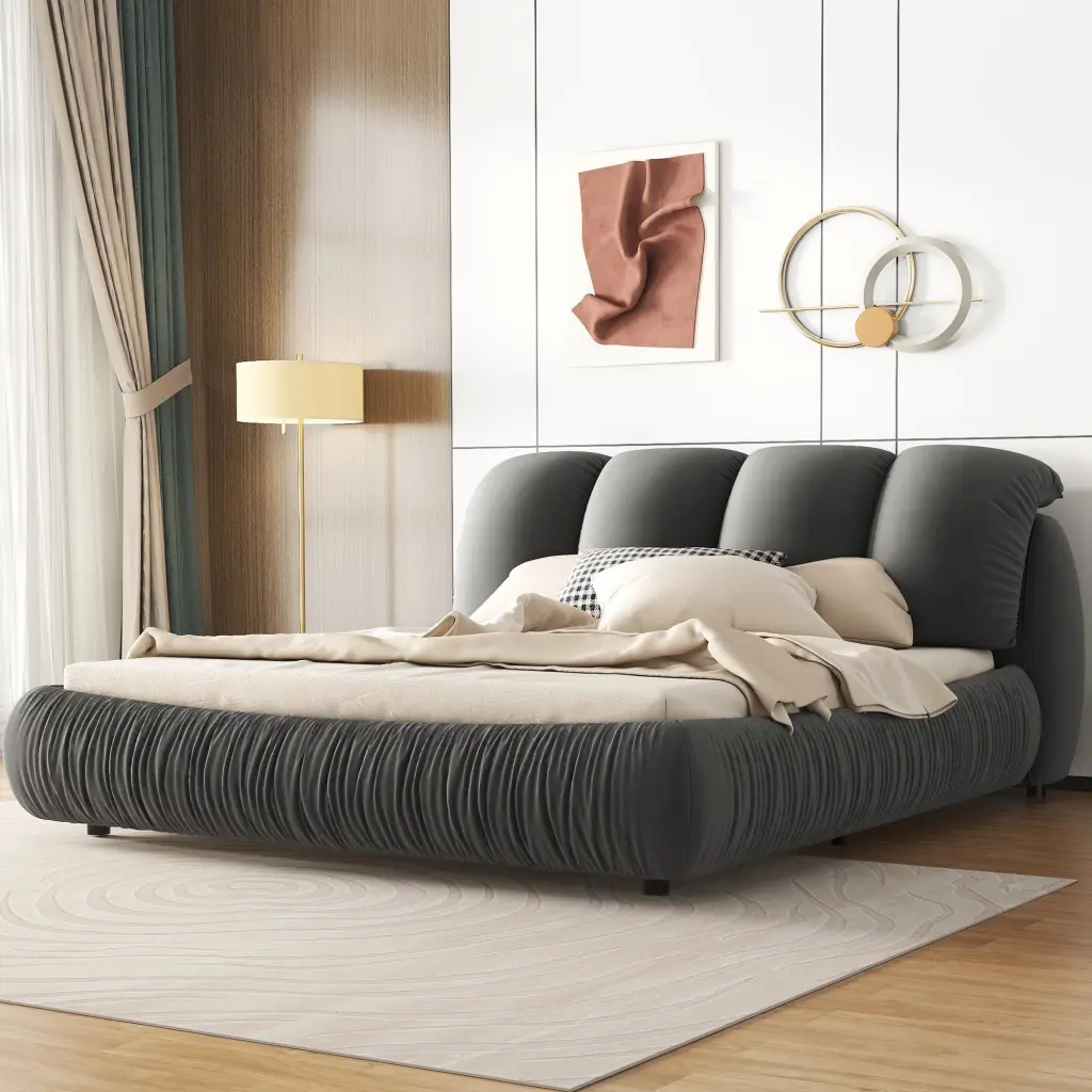 King Size Premium Upholstered Bed Thick Headboard, Velvet King Bed Frame bonwell