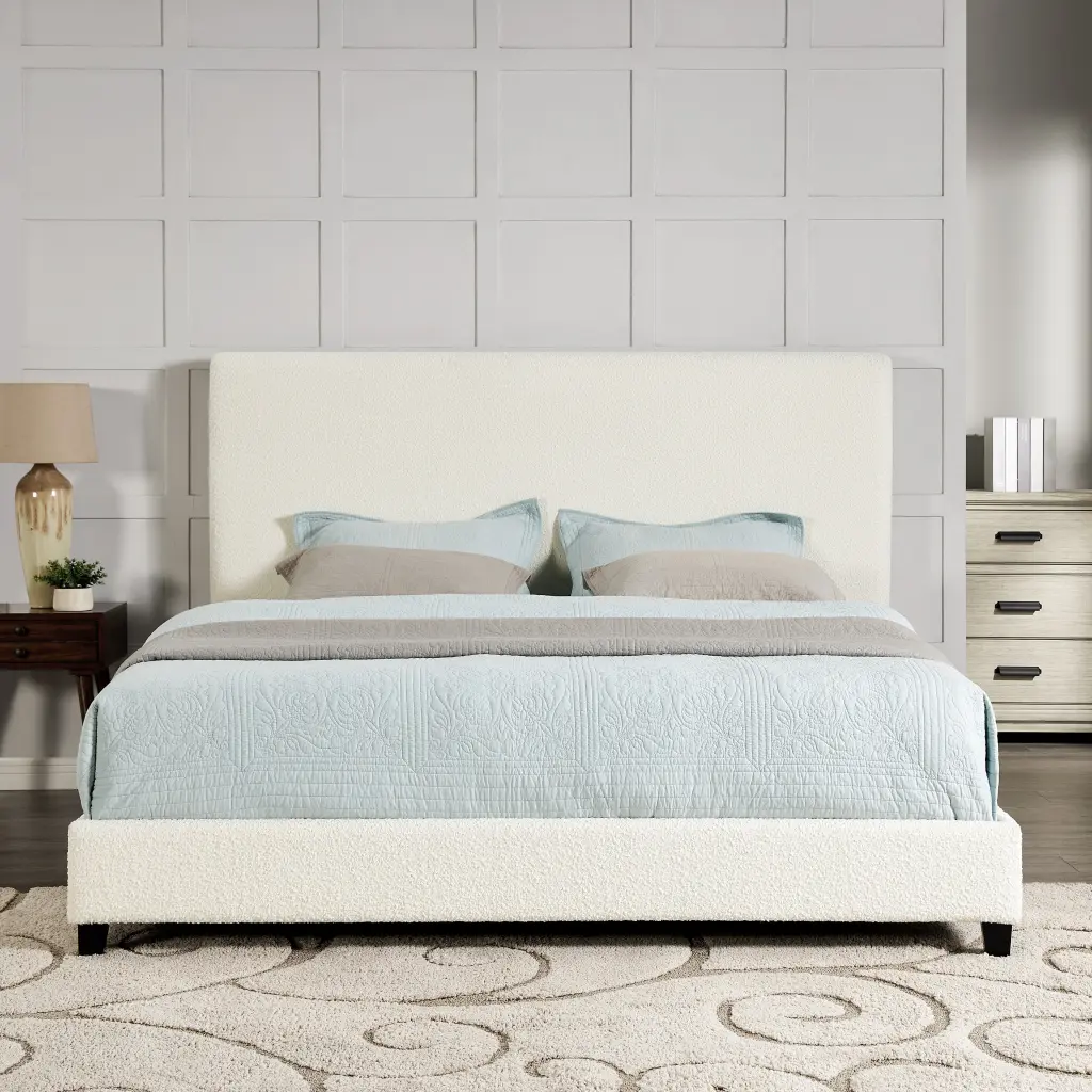 King Size White Boucle Upholstered Platform Bed Box Spring Required bridgevine home