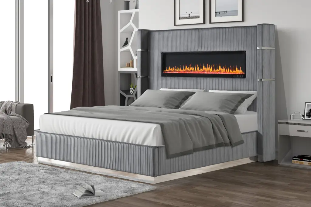 Lizelle Upholstered Wooden King Bed Ambient Lamp Gray Velvet galaxy home furnishings