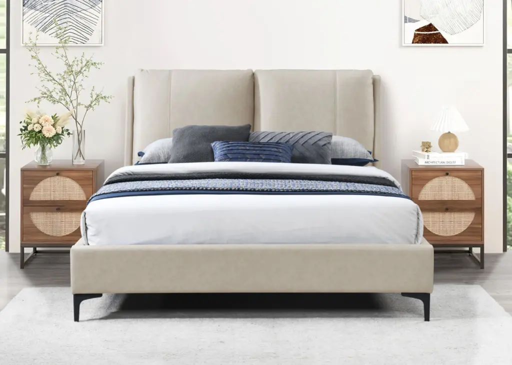 Upholstered Tan King Size Bed Tufted Headboard Bedroom ihomefurnishings