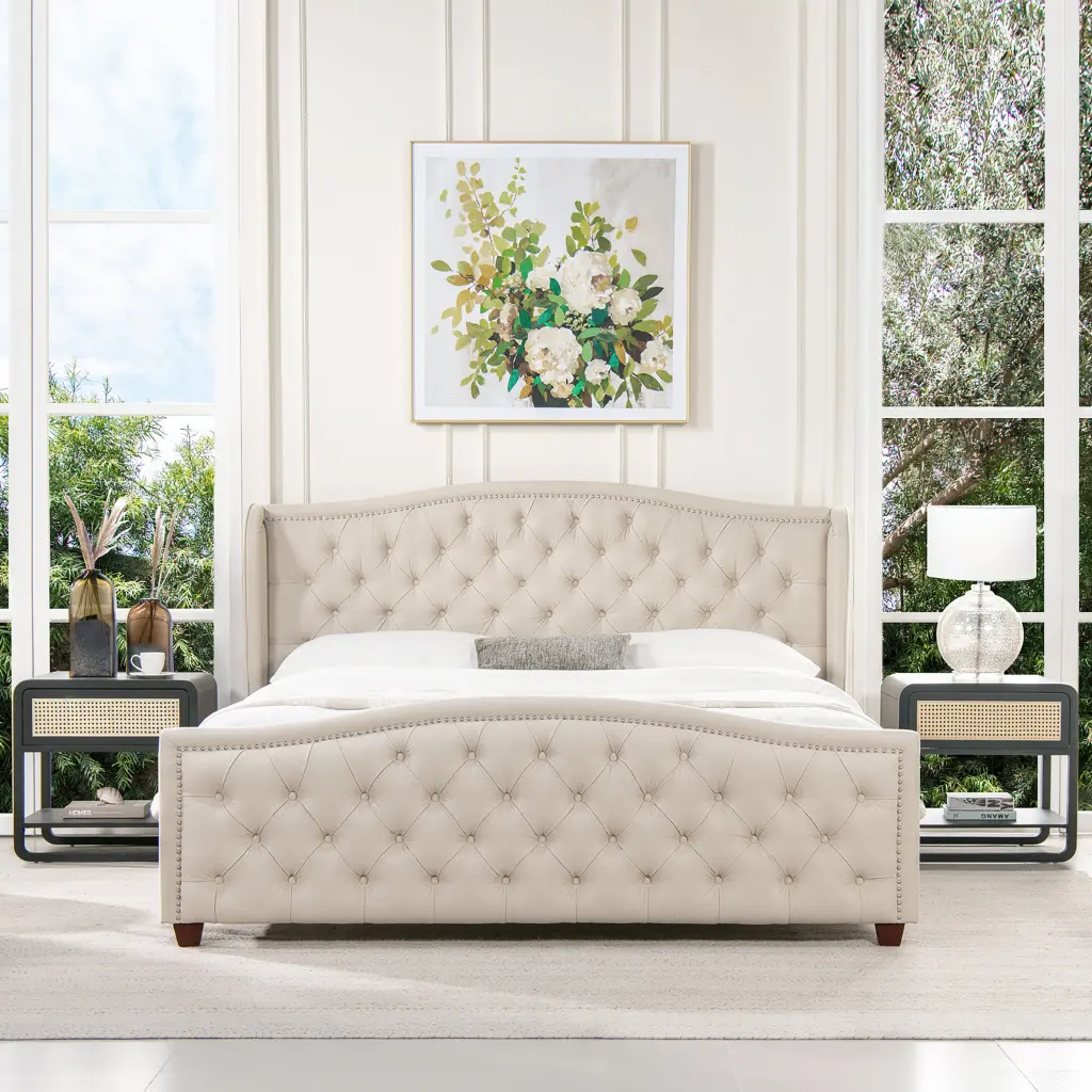 Fontana Wingback Upholstered Platform Bed Frame King Size Sky Neutral Fabric jennifer taylor home
