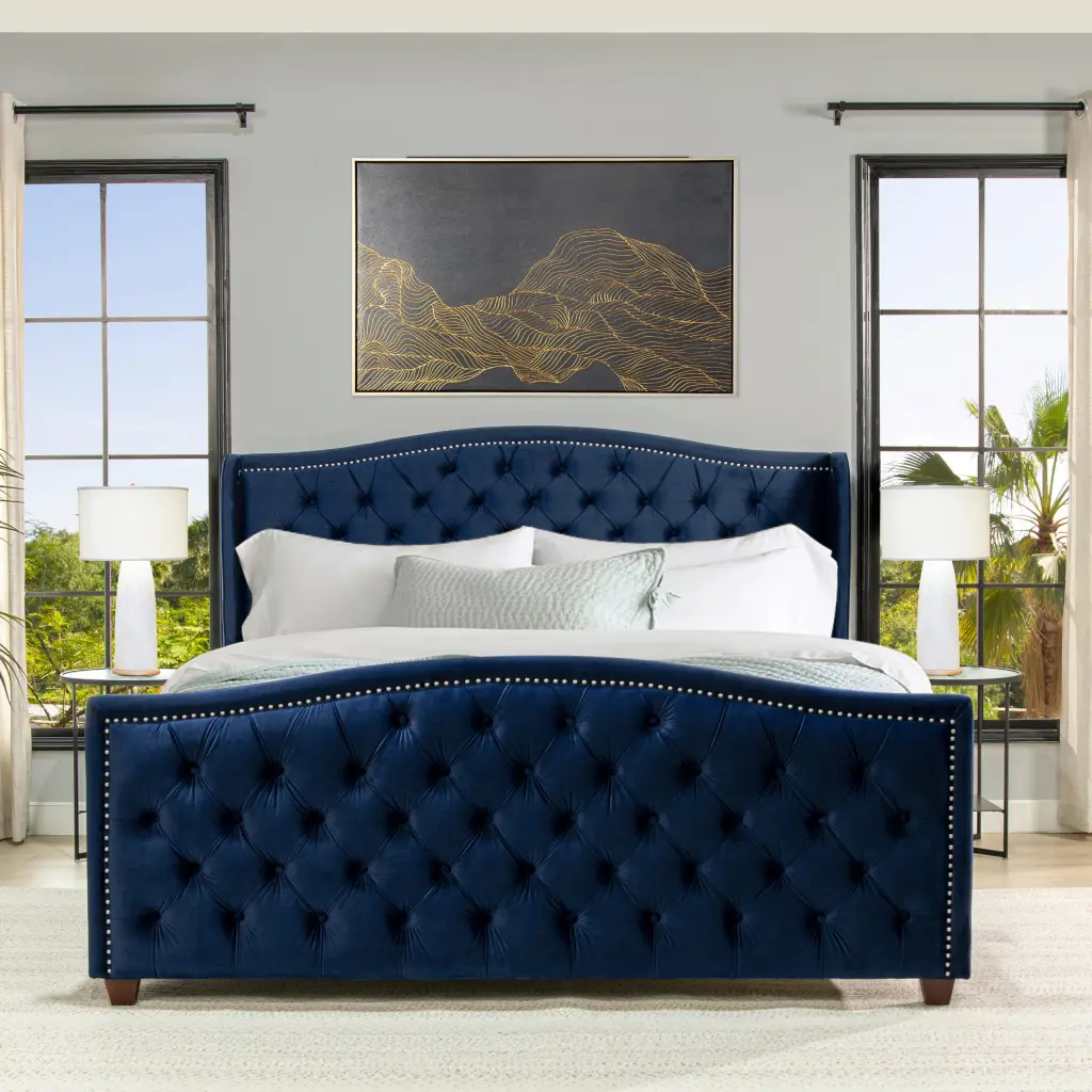 Marcella Upholstered Shelter Headboard King Bed Set Navy Blue Velvet jennifer taylor home