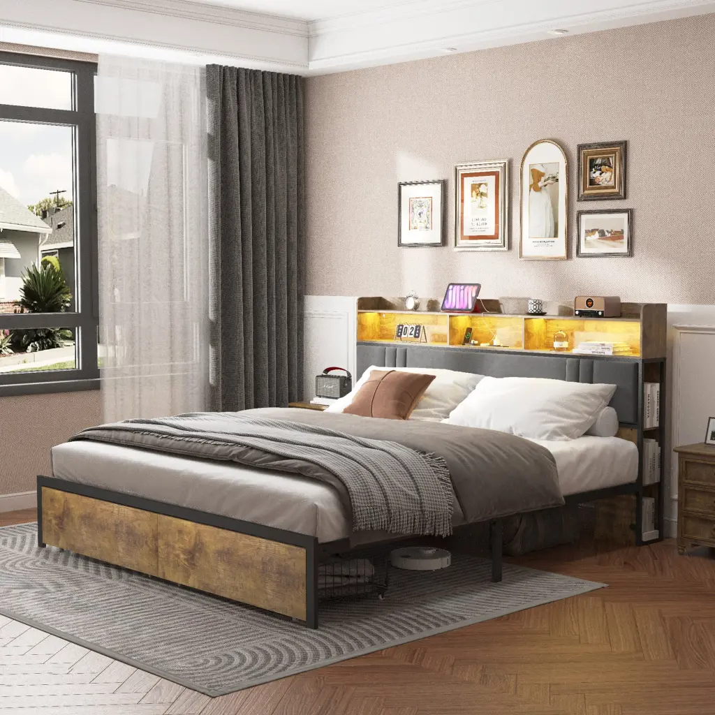 Bed Frame King Size Storage Headboard And 2 Drawers Upholstered Platform jhomier furniture