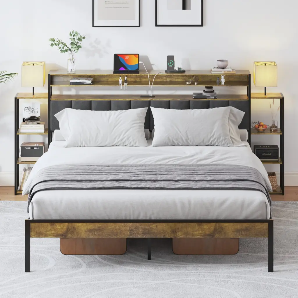 King Bed Frame Storage Platform Bed LED Lights and Headboard jhomier furniture