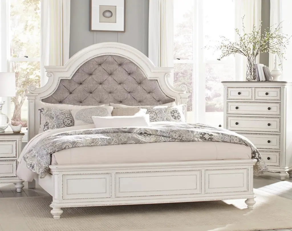 Antique White Finish 1Pc Eastern King Size Bed Button Tufted Upholstered Bed Frame kanepe