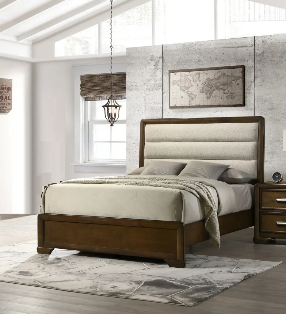 Beautiful Contemporary 1Pc King Dimensions Brown Finish Solid Timber Beige Upholstered Bed kanepe