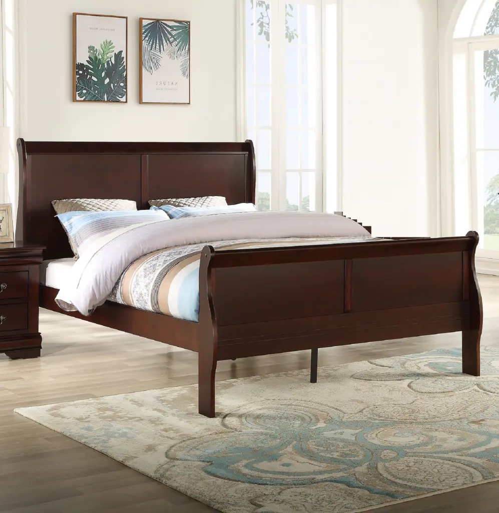 Louis Phillipe Brown Cherry Finish King Size Panel Sleigh Bed Solid Wood kanepe