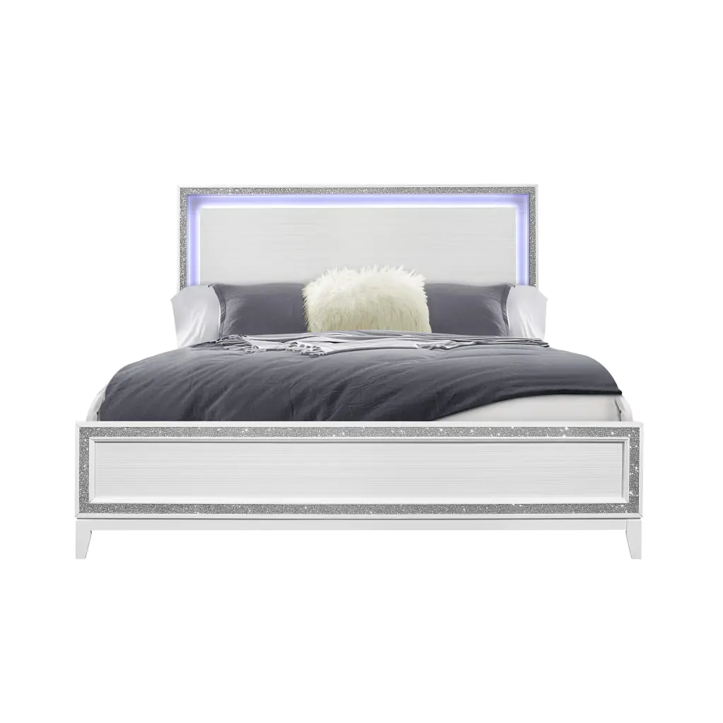 Almera Glitter White King Bed Frame White Rubber Wood Modern Bedroom Furniture luxe modern furniture