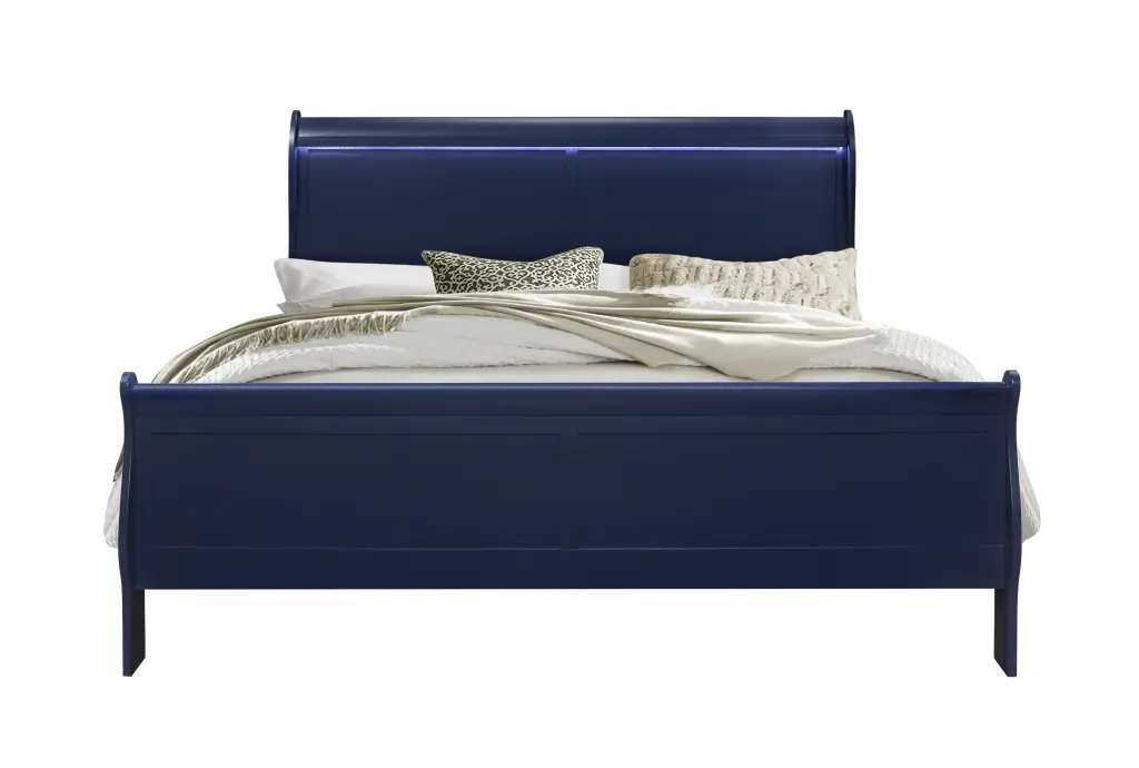 Charlston Blue King Bed LED Lighting Solid Wood and MDF luxe modern furniture