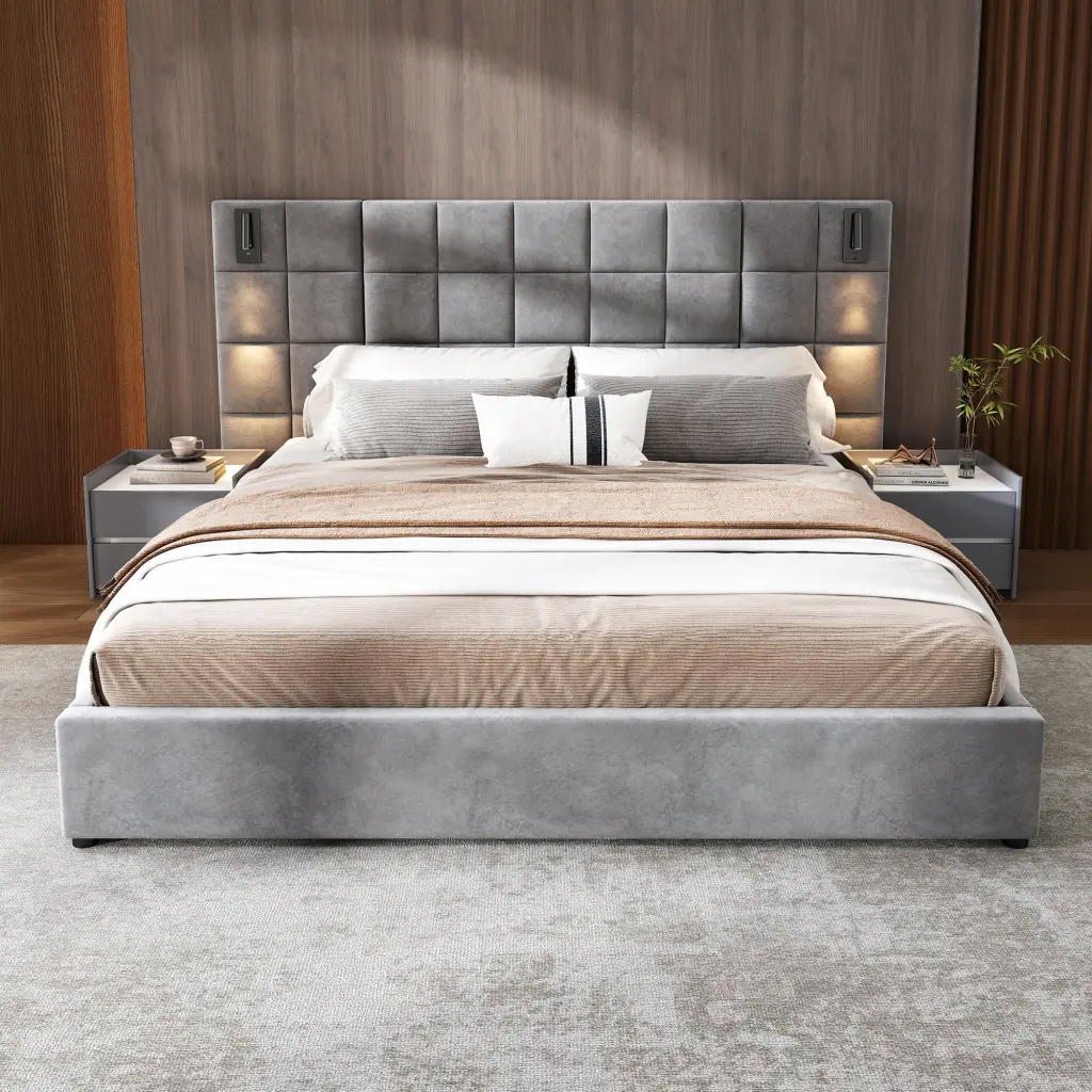 Upholstered King Bed Reading Lamp And Usb Port Wide Headboard nh-an