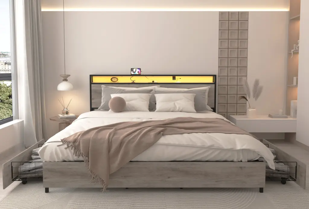 King Bed Frame Storage Headboard Charging Station Solid And Sturdy rnb