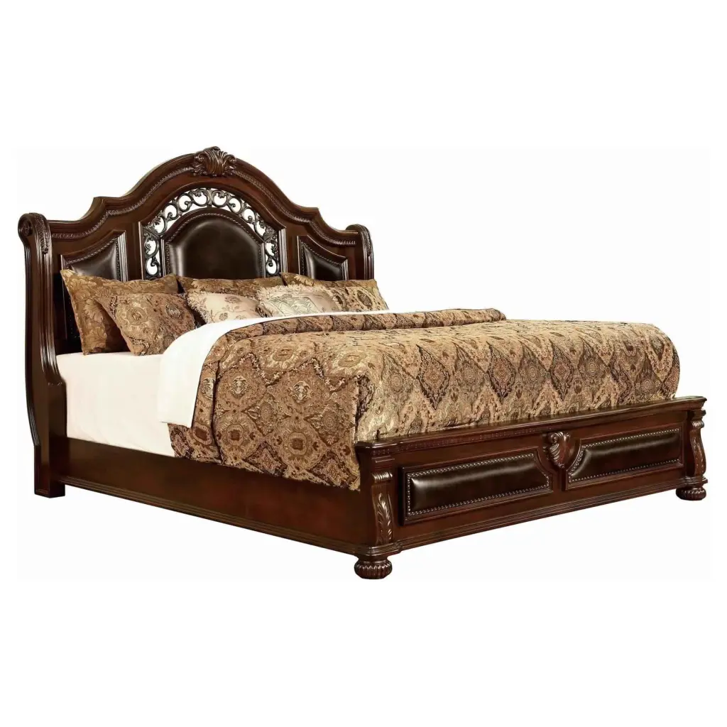 Traditional Eastern King Bed Soped Headboard And Bun Feet Brown royal hampton