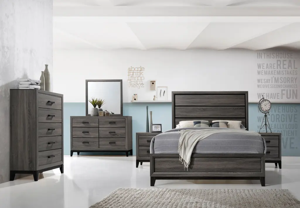 King 5 Piece Contemporary Gray Wood Bedroom Set Box Spring galaxy home furnishings