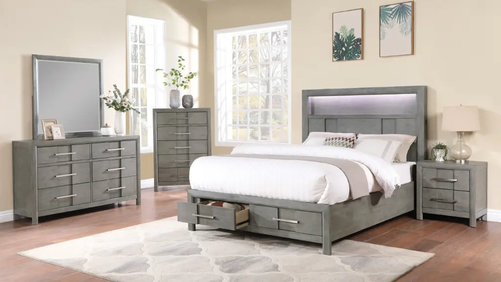 Modern Style King 5 Piece Storage Bedroom Set LED Headboard and Timber Frame galaxy home furnishings