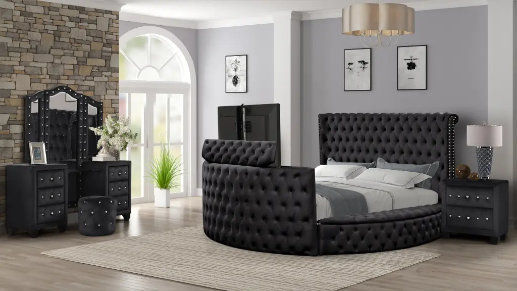 Crystal Tufted King 4Pc Vanity Bedroom Set Black Wood galaxy home furnishings