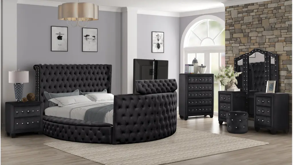 Glass Tufted King 5Pc Vanity Bedroom Set Timber Frame Black galaxy home furnishings
