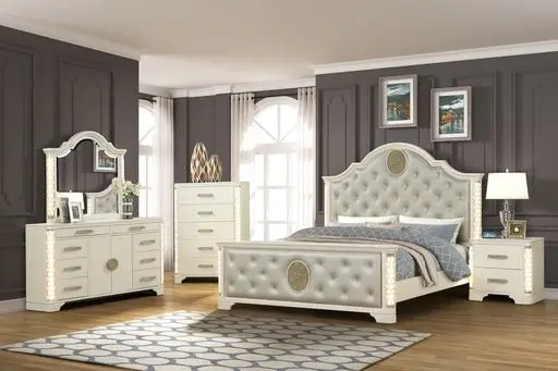 King 5 Pc LED Bedroom Set Beige Wood Box Spring galaxy home furnishings