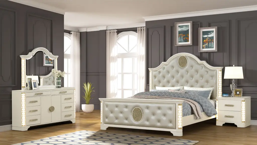 King 4 Pc LED Bedroom Set Beige Wood Box Spring galaxy home furnishings
