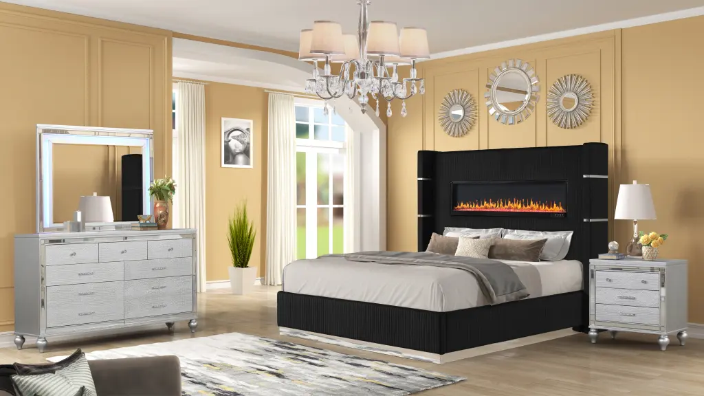 Upholstered King 4 Piece Bedroom Set Ambient Lighting Black galaxy home furnishings
