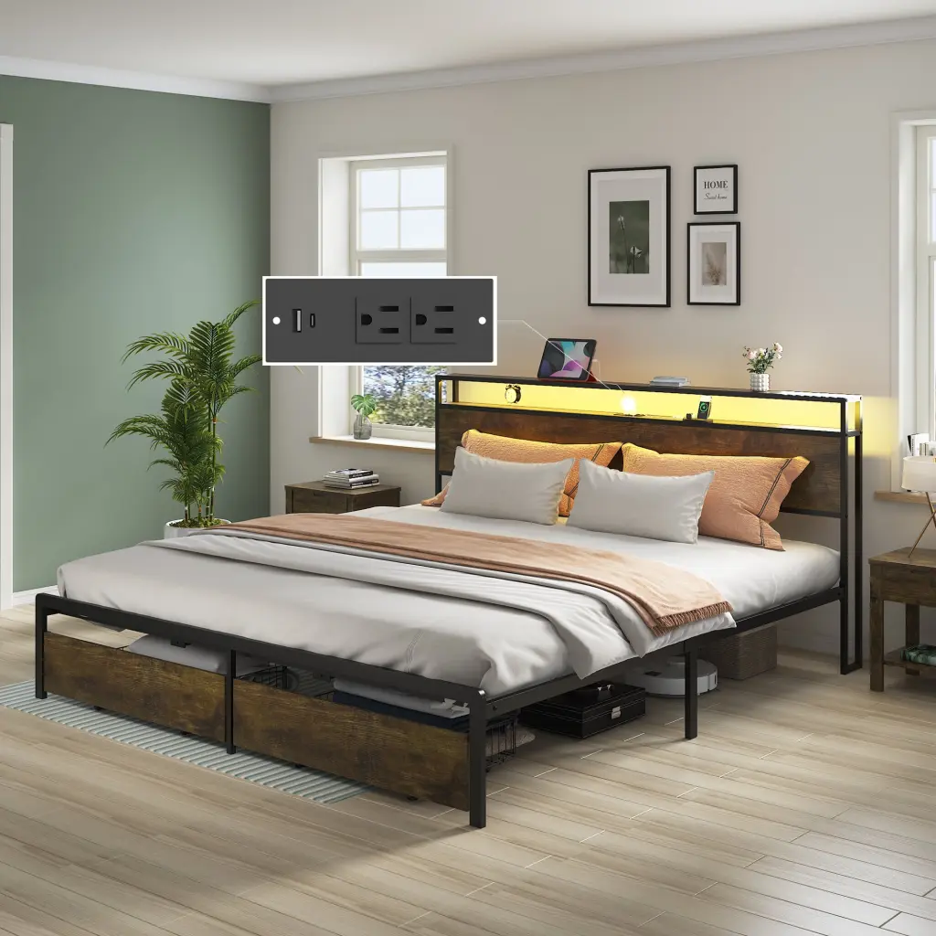 King Bed Frame LED Lights and Charging Station Robust Metallic Timber Design jhomier furniture