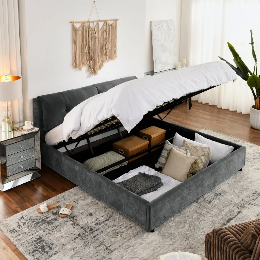 King Dimensions Upholstered Hydraulic Storage Platform Bed Integrated Headboard royal star