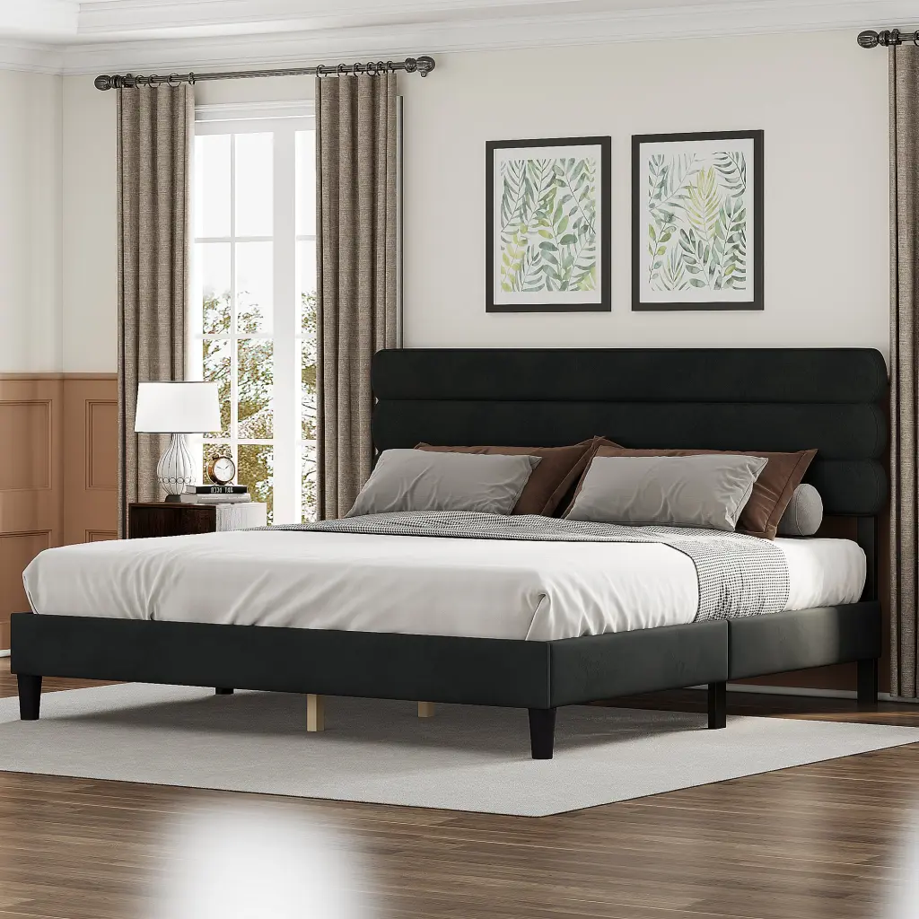 King Bed Frame Headboard Robust Platform Bed Wooden Slats Support sarkozy