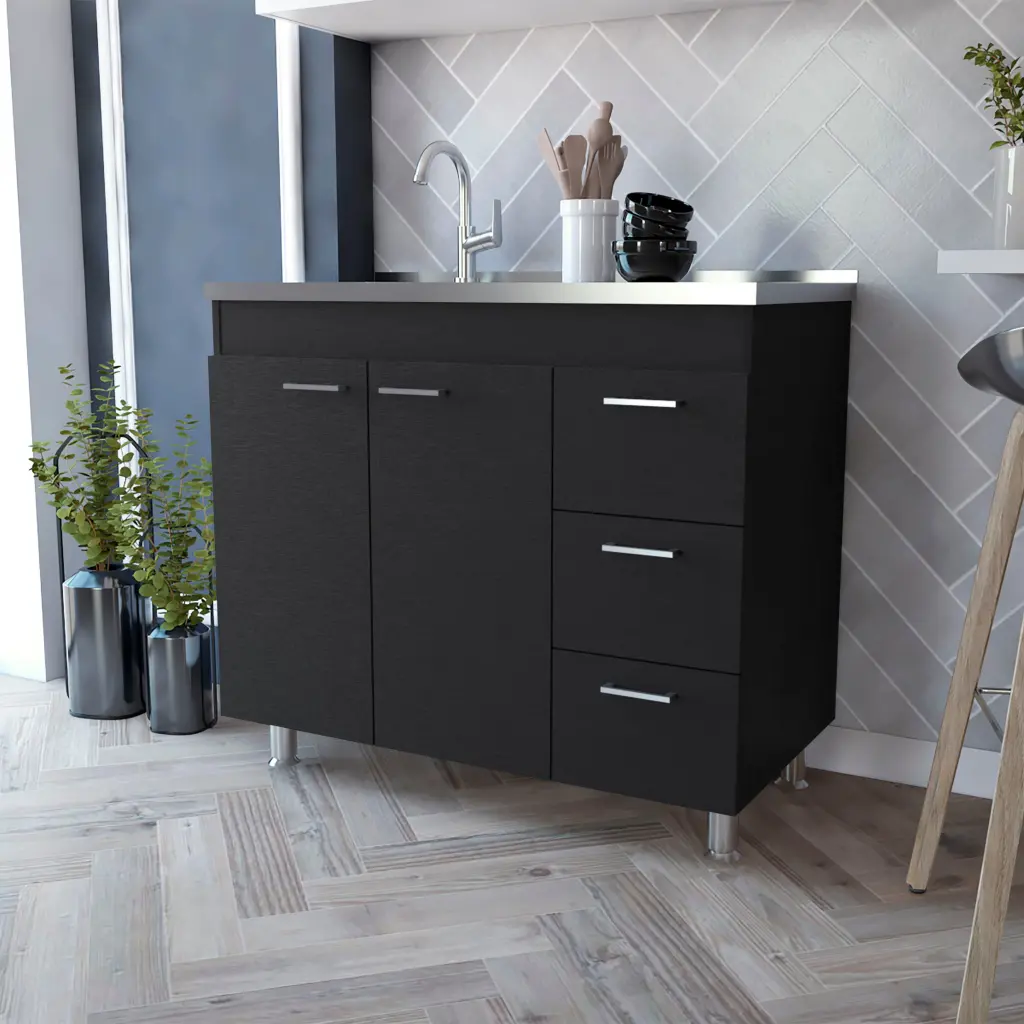 Black 2 Door 3 Drawer Kitchen Cabinet Melamine Primary Living Space furniture max