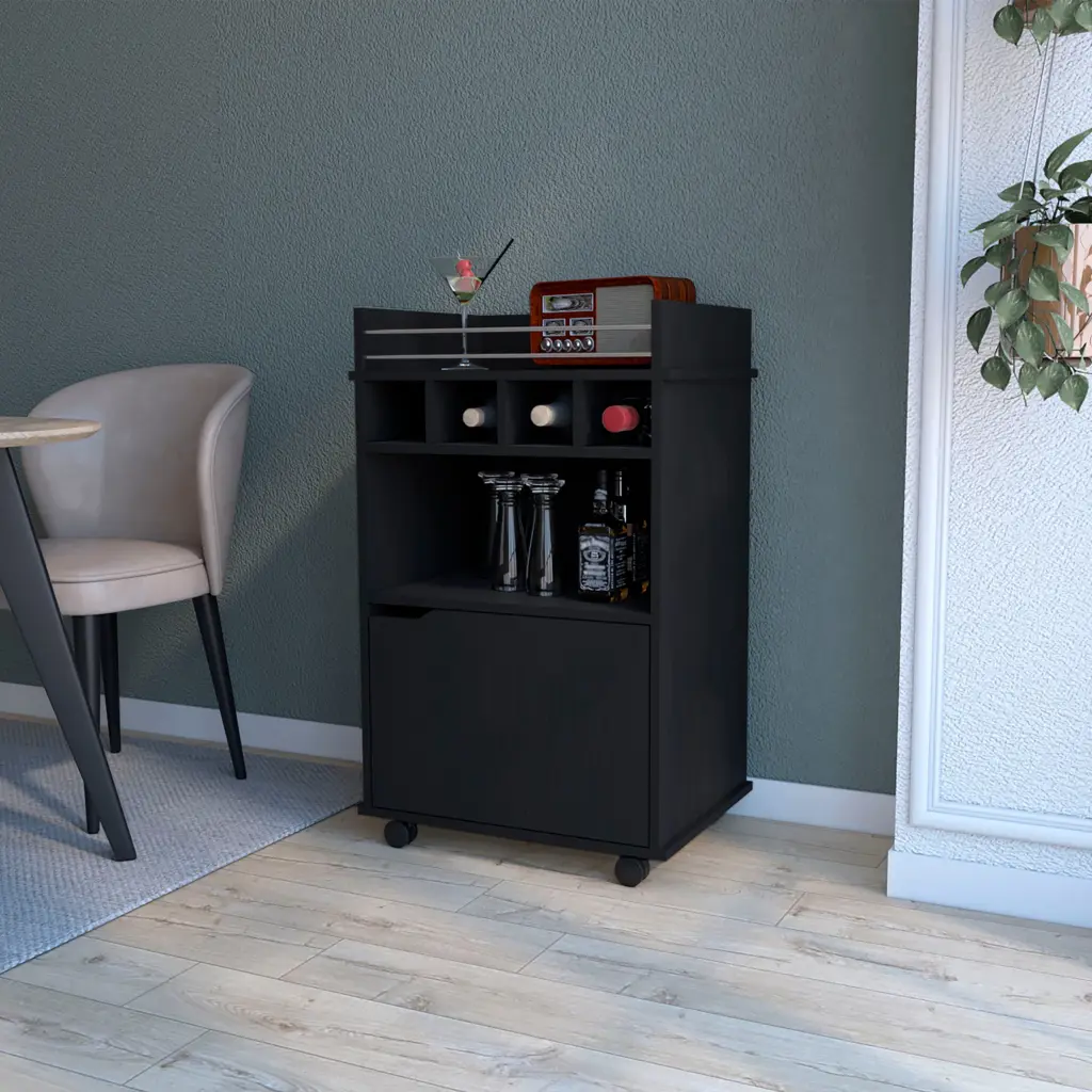 Black 1 Door Bar Cart Black Dining Room Rectangular Kitchen Utility Cart Wood furniture max