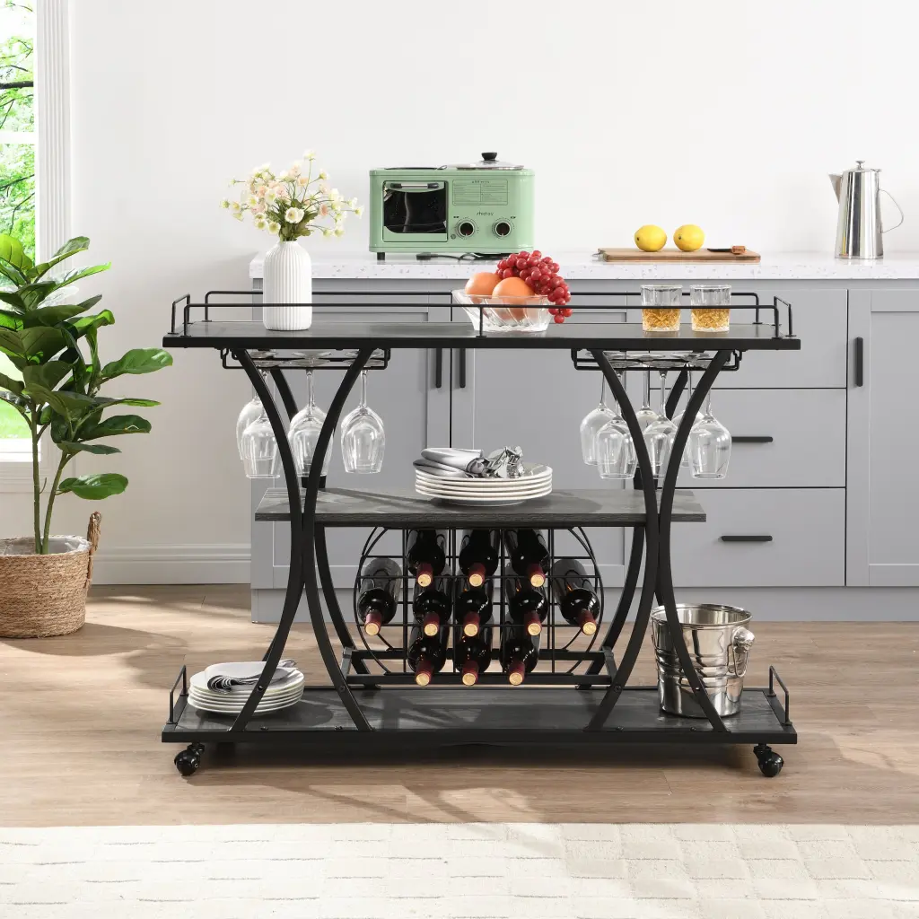 Industrial Bar Cart Kitchen Serving Cart Wheels 3 Tier ghn