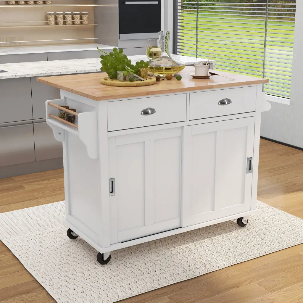 Kitchen Cart Rubber Wood Drop Leaf Countertop Concealed Sliding Storage k-k store
