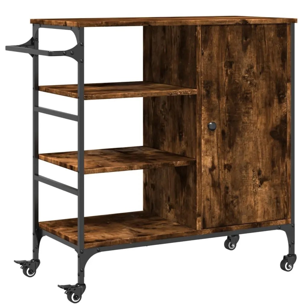 Smoked Oak Kitchen Trolley 34.4x15.2x33.3 Inches Engineered Wood Storage Cart